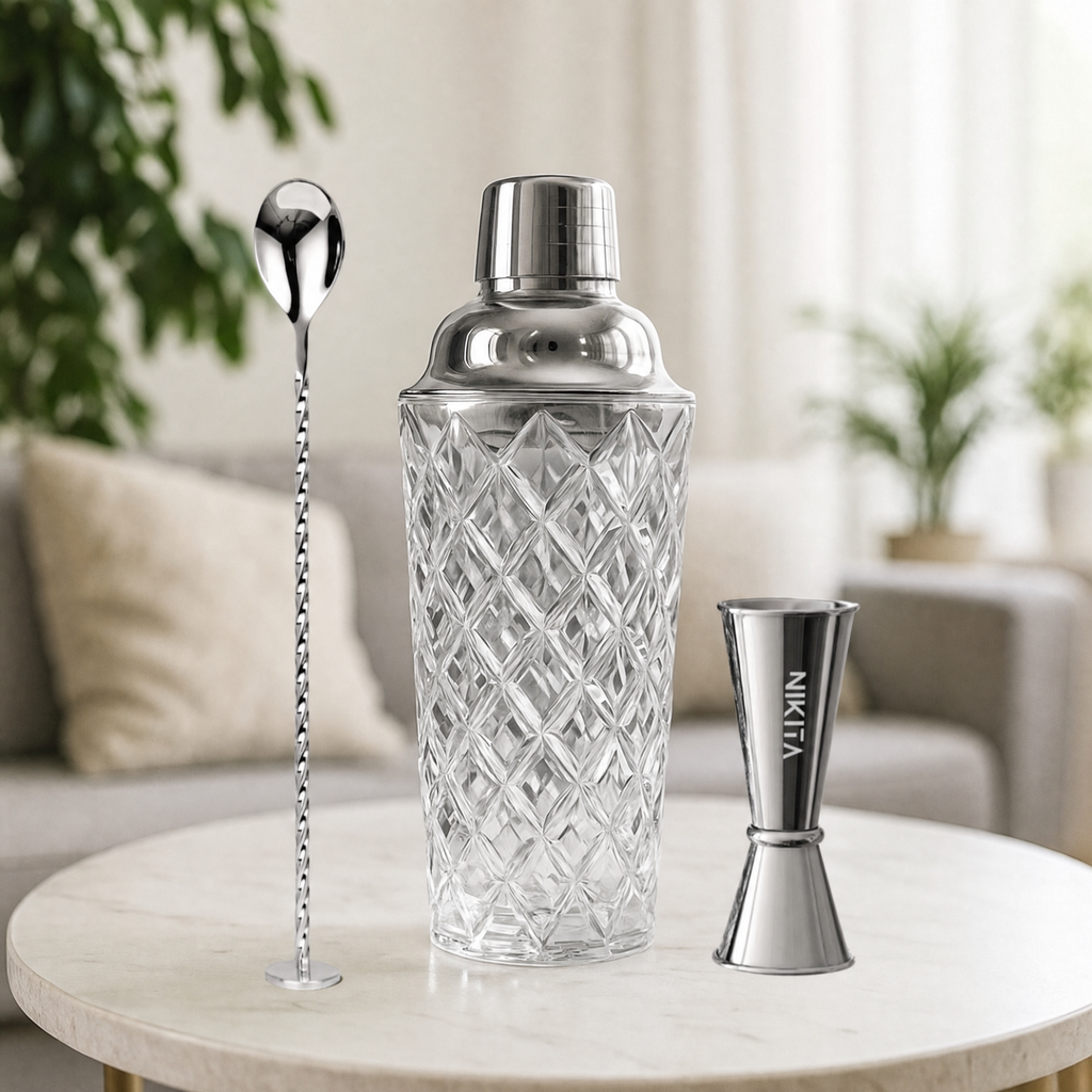 Glass Cocktail Shaker Set with Jigger & Stirrer - 3 Colours