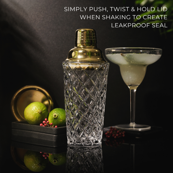 NIKITA luxury glass cocktail shaker and jigger set. Cocktail making set with stainless steel lid and built in strainer. Ideal birthday or celebratory gift for couples.