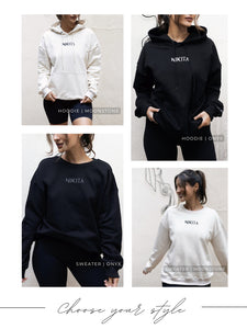 nikita oversized black hoodie sweashirt sweater ecru off white sand queen line drawing empowering boyfriend jumper embroidered stitching