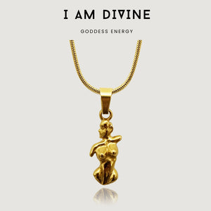 NIKITA woman pendant necklace with a unique female body design and 18k plated gold finish. A water-resistant pendant and adjustable chain made with a hypoallergenic stainless steel base. Christmas everyday jewellery gift for her.