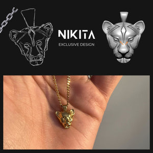 NIKITA 'I am Courageous' lioness pendant necklace for women with quality 18k gold plating and delicate chain. Ideal mother day gift or birthday gift for her.