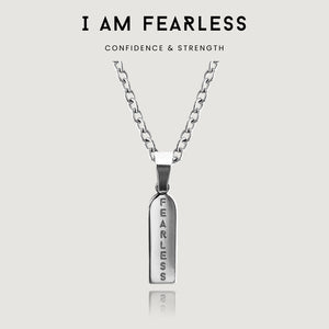 NIKITA fearless engraved bar pendant necklace. A waterproof silver charm and quality chain, with a hypoallergenic stainless steel base. Christmas everyday jewellery gift for her.