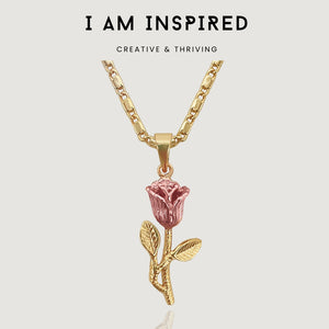 NIKITA rose flower pendant necklace with a unique, 3D detailed 24k gold and rose gold plated design. A water-resistant pendant and adjustable flat link chain made with a hypoallergenic stainless steel base. Christmas everyday jewellery gift for her.