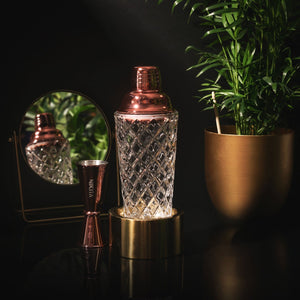 NIKITA luxury glass cocktail shaker and jigger set. Cocktail making set with stainless steel lid and built in strainer. Ideal birthday or celebratory gift for couples.