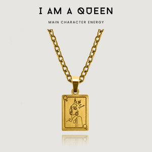 NIKITA Queen card pendant necklace engraved with a unique line drawing design. A waterproof 18k gold plated charm with a hypoallergenic stainless steel base. Christmas everyday jewellery gift for her.