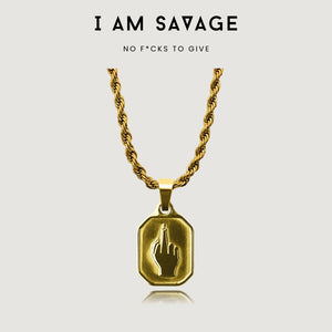 NIKITA 'I am Savage' middle finger pendant necklace with quality 18k gold plating and a bold twist adjustable twist chain. A fun gift for best friend.