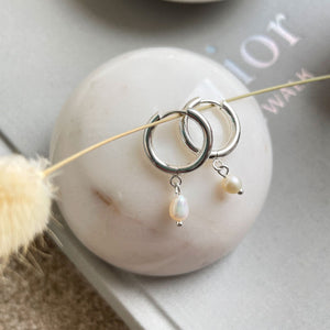 NIKITA pearl charm hoop earring with a quality 18k plated stainless steel base. Ideal birthday gift, valentines gift or Christmas gift for her.