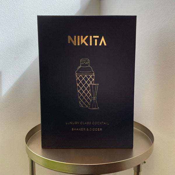 NIKITA cocktail shaker and jigger set recyclable packaging.