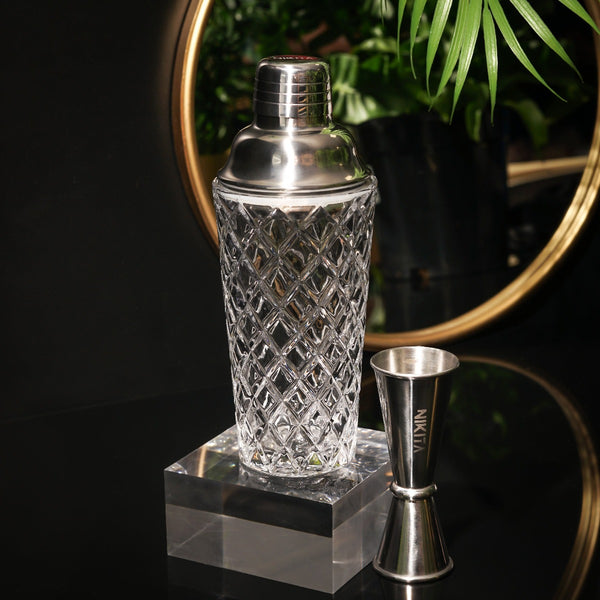 NIKITA luxury glass cocktail shaker and jigger set. Cocktail making set with stainless steel lid and built in strainer. Ideal birthday or celebratory gift for couples.