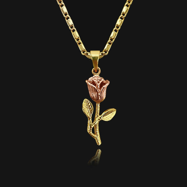 NIKITA rose flower pendant necklace with a unique, 3D detailed 24k gold and rose gold plated design. A water-resistant pendant and adjustable flat link chain made with a hypoallergenic stainless steel base. Christmas everyday jewellery gift for her.