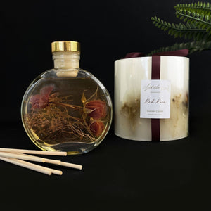 NIKITA botanical scented glass reed diffusers with dried flowers and floral scents, in red rose, lily rose and lavender. Christmas or birthday gift for her.