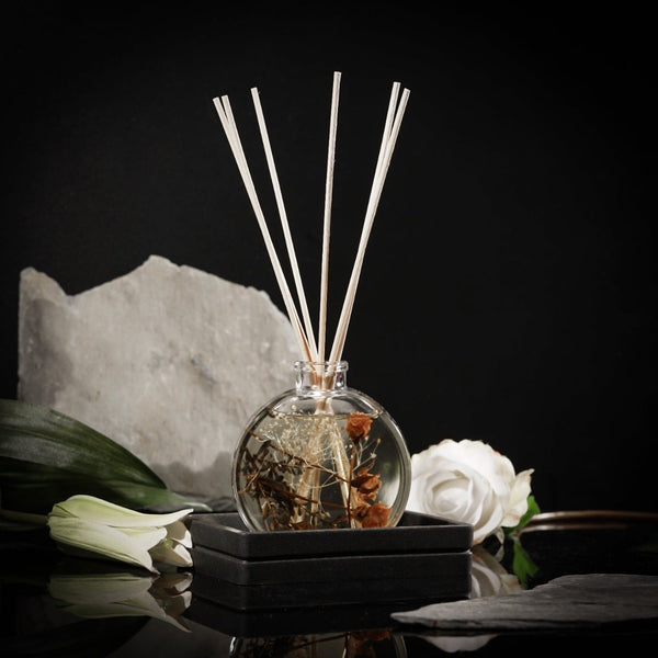NIKITA botanical scented glass reed diffusers with dried flowers and floral scents, in red rose, lily rose and lavender. Christmas or birthday gift for her.