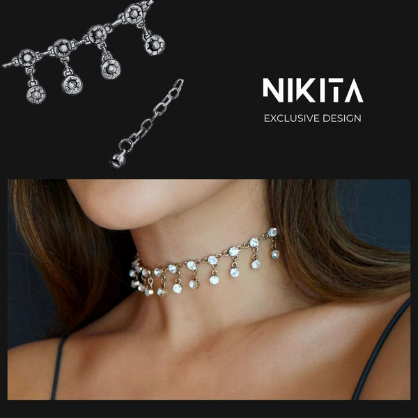 NIKITA rhinestone pendulous statement choker with an antique gold plated finish. A necklace made with a hypoallergenic stainless steel base. Christmas everyday jewellery gift for her.