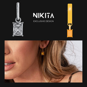 NIKITA citrine pendant hoop earrings with an 18k gold plated finish. Small hoops for women made with a quality water-resistant, hypoallergenic stainless steel base. Christmas everyday jewellery gift for her.