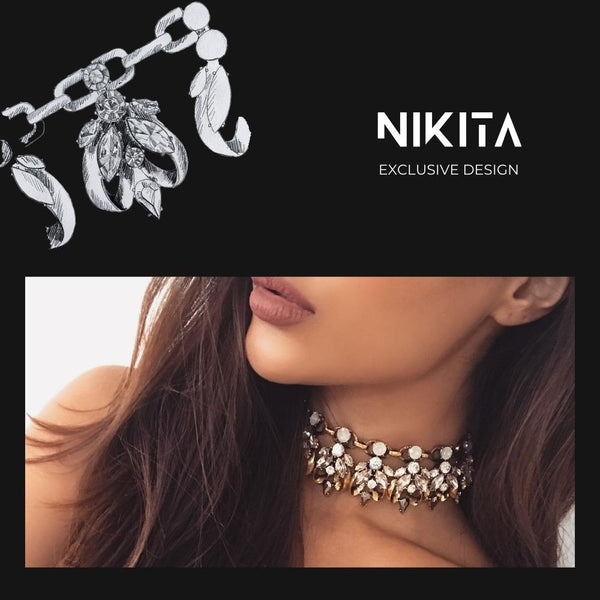 NIKITA leilani rhinestone encrusted statement choker and earrings set with an antique gold plated finish. A chunky design made with a hypoallergenic stainless steel base. Christmas everyday jewellery gift for her.