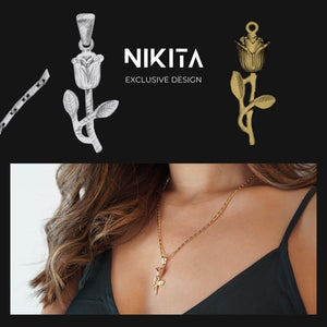 NIKITA rose flower pendant necklace with a unique, 3D detailed 24k gold and rose gold plated design. A water-resistant pendant and adjustable flat link chain made with a hypoallergenic stainless steel base. Christmas everyday jewellery gift for her.