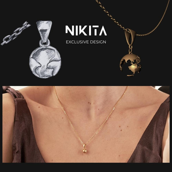 NIKITA globe pendant necklace with a unique, 3D earth design. A water-resistant world pendant with quality 18k gold plating and adjustable chain made with a hypoallergenic stainless steel base. Christmas everyday jewellery gift for her.