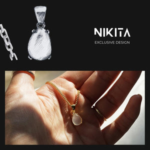 NIKITA natural moonstone pendant necklace with a unique precious stone teardrop design. A water-resistant pendant with quality 18k gold plating and adjustable chain made with a hypoallergenic stainless steel base. Christmas or Mother's Day everyday jewellery gift for her.