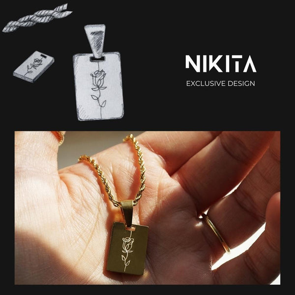 NIKITA rose engraved tag pendant necklace with a unique rose line drawing. A water-resistant pendant and adjustable twist chain made with a hypoallergenic stainless steel base. Christmas everyday jewellery gift for her.