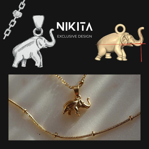 NIKITA elephant pendant necklace with a unique, baby elephant 3D design. A water-resistant 18k gold plated pendant and adjustable chain made with a hypoallergenic stainless steel base. Christmas everyday jewellery gift for her.