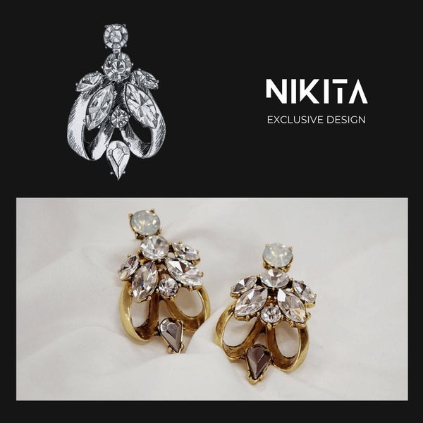 NIKITA leilani rhinestone encrusted statement earrings with an antique gold plated finish. Stud/drop earrings made with a hypoallergenic stainless steel base. Christmas everyday jewellery gift for her.