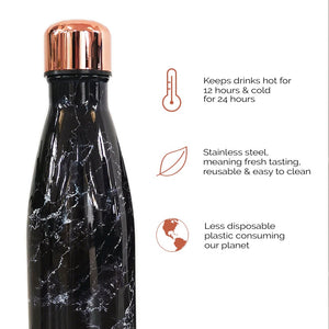 This luxury marble & rose gold metal water bottle is eco friendly, easy to clean and reusable. Available in black or white, the stainless steel bottle is easy to carry throughout your busy day, keeping your drinks hot or cold.