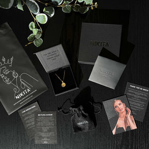 Luxury black branded, recyclable and biodegradable gift packaging for all NIKITA jewellery.