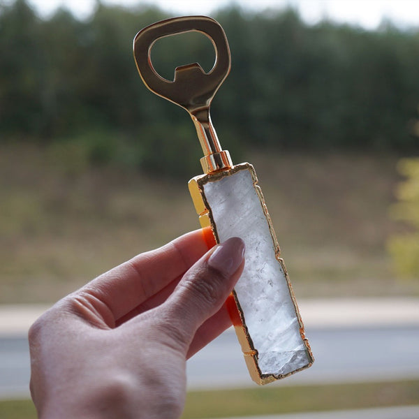 NIKITA Agate crystal bottle opener to open beer or bottled drinks with ease. A solid crystal handle with a gold brass edge and lever. Ideal christmas or engagement gift for her or gift for couples.