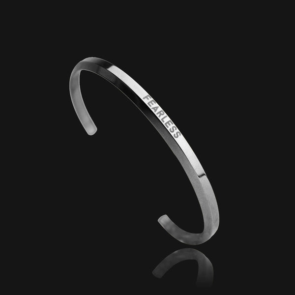 NIKITA Fearless cuff, engraved adjustable silver bangle with a waterproof, hypoallergenic stainless steel base. Christmas everyday jewellery gift for her.