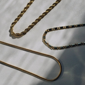 NIKITA flat link chain necklace. A waterproof, 18k gold plated quality chain, with a hypoallergenic stainless steel base. Every day jewellery gift for her.