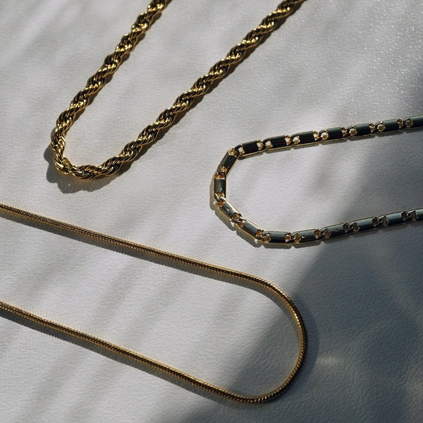 NIKITA snake chain necklace. A waterproof, 18k gold plated quality chain, with a hypoallergenic stainless steel base. Every day jewellery gift for her.