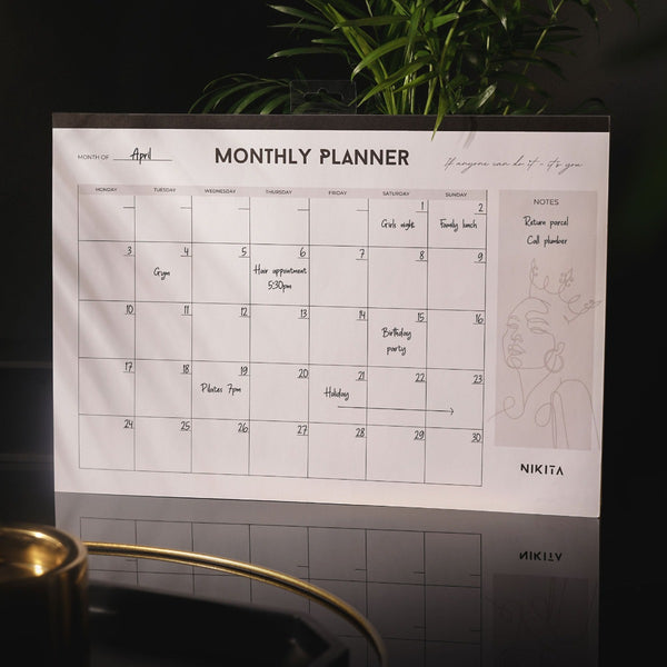 NIKITA monthly planner desk or tear-off wall pad, undated weekly planner with notes section.